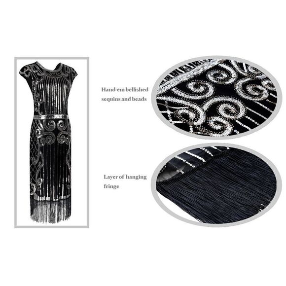 ✨ Flapper Great Gatsby Roaring 1920s Retro Tassel Fringe Sequin Dress NEW - Picture 10 of 16